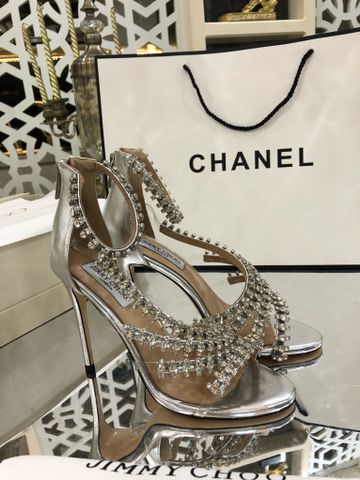 Sandal cao gót JIMMY* CHOO* màu bạc quai đá đẹp sang chảnh VIP 1:1