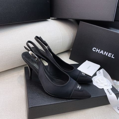 Giày cao gót chanel* dáng hở gót cao 8cm loại da bò lỳ và loại chất vải hoạ tiết chữ đẹp SIÊU CẤP