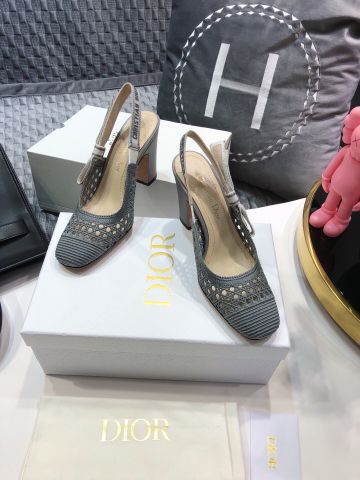 Giày cao gót Dior* chất vải đan lưới dáng hở gót, gót to cao 7cm 9,5cm SIÊU CẤP