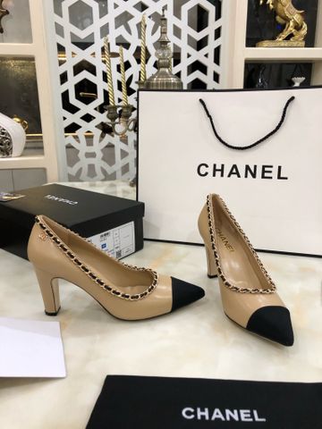 Giày cao gót chanel* loại cao 8,5cm và 4,5cm da bò lỳ viền xích vàng đẹp sang SIÊU CẤP 