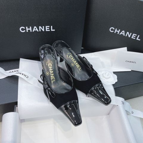 Sục cao gót chanel*  cao 8cm da bò mũi pha đen bóng đẹp sang SIÊU CẤP