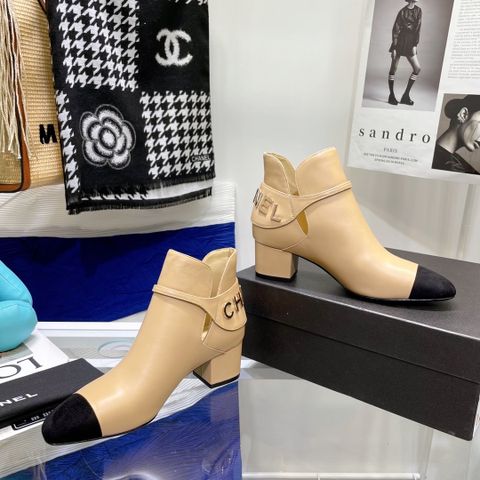 Boot chanel* cổ thấp da bò lỳ gót vuông cao 4,5cm