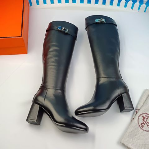 Boot cổ cao Hermes* da bò lỳ mềm gót vuông cao 7cm khoá vàng đẹp sang SIÊU CẤP