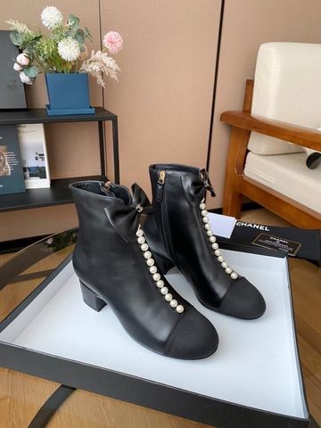 Boot chanel* SIÊU CẤP da bò đính ngọc cổ nơ đế vuông 5cm