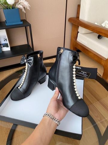 Boot chanel* SIÊU CẤP da bò đính ngọc cổ nơ đế vuông 5cm