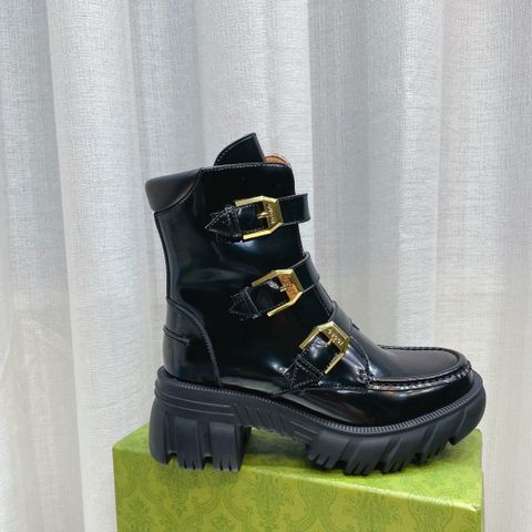 Boot GUCCI* dáng khoẻ cổ lỡ đai ngang khoá vàng da bò SIÊU CẤP