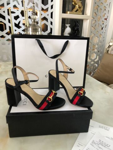 Sandal cao gót GUCCI* quai da bò pha vải dù khoá vàng