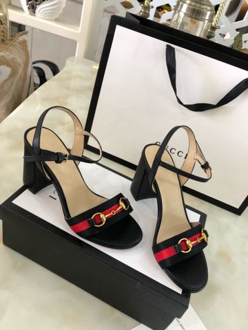 Sandal cao gót GUCCI* quai da bò pha vải dù khoá vàng