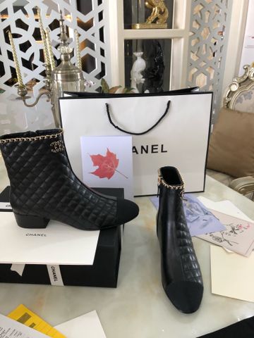 Boot chanel* cổ lỡ da bò trần trám phối da lỳ mềm cổ xích vàng đế cao 3,5cm SIÊU CẤP