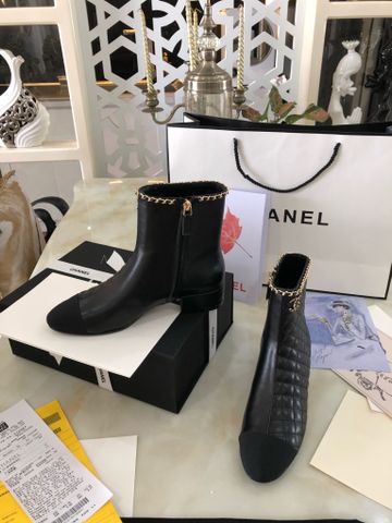 Boot chanel* cổ lỡ da bò trần trám phối da lỳ mềm cổ xích vàng đế cao 3,5cm SIÊU CẤP