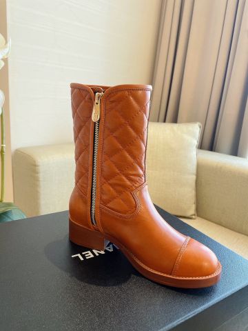 Boot chanel* cổ lỡ VIP 1:1 đế cao 4cm da bò trần trám đẹp màu cam đất và đen