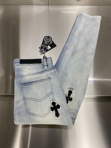 Quần jeans nam chrome* hearts* SIÊU CẤP vá thánh giá bằng da đen kiểu đẹp độc