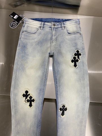 Quần jeans nam chrome* hearts* SIÊU CẤP vá thánh giá bằng da đen kiểu đẹp độc