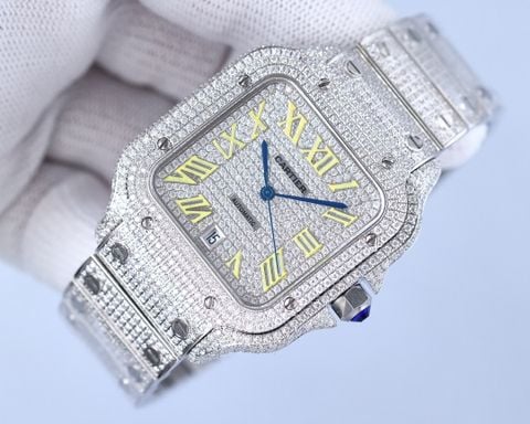 Đồng hồ nam cartier* VIP 1:1 mặt vuông dây kim loại nạm full kim cương