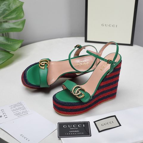 Sandal nữ đế xuồng cói GUCCI* đế kẻ màu quai da bò loại cao 8cm và 13cm