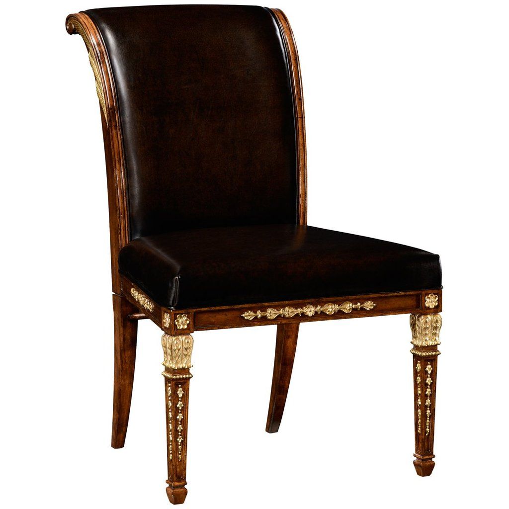 Empire Angel Wing Side Chair, Upholstered Antique Caviar Black Leather