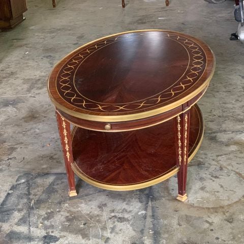 BÀN TRÀ CỔ ĐIỂN OVAL GỖ XÀ CỪ ỐP ĐỒNG THAU