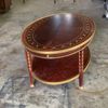 BÀN TRÀ CỔ ĐIỂN OVAL GỖ XÀ CỪ ỐP ĐỒNG THAU