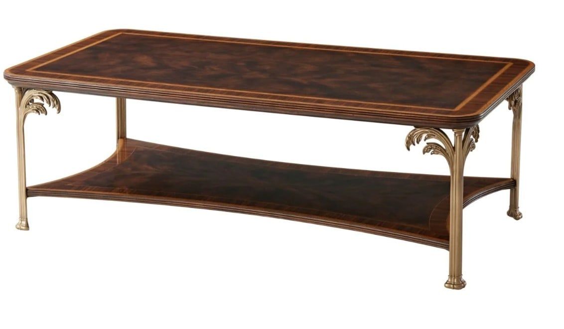 Bàn trà cổ điển 2 tầng gỗ Mahogany họa tiết cây cọ