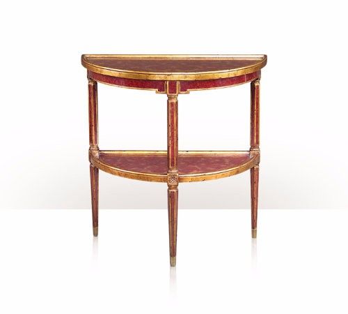 5352-010 Table - Bàn A red painted verre églomisé and gilt demi lune side table