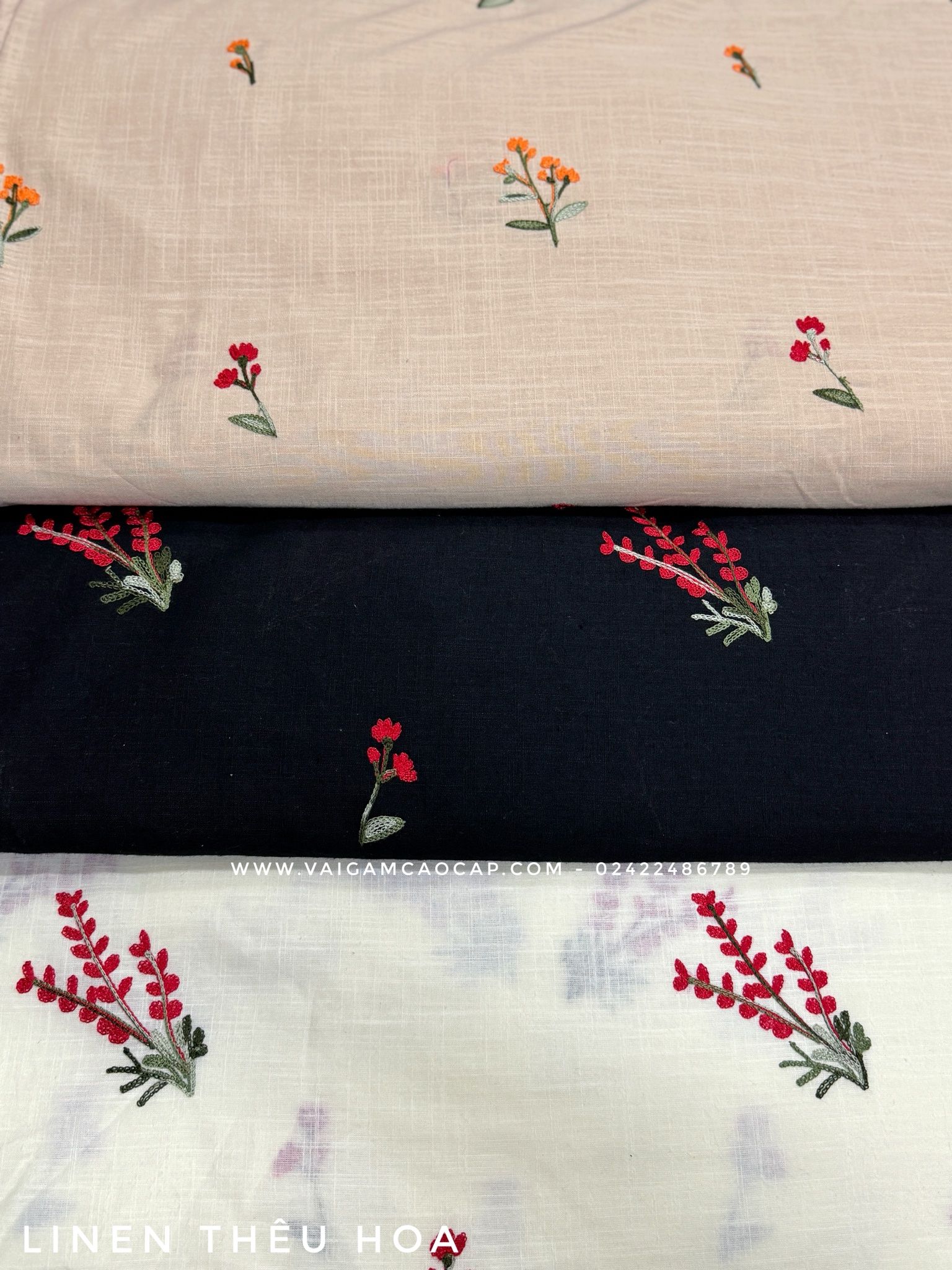 Vải Linen Thêu Hoa