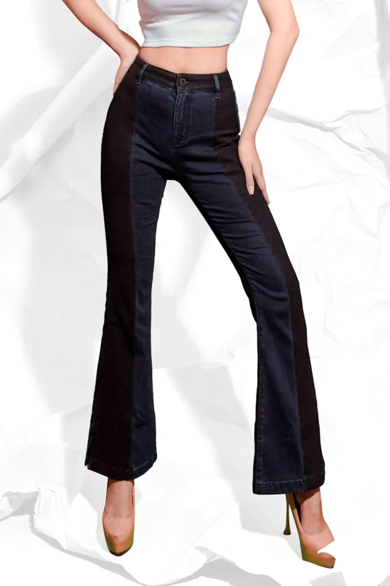 Quần Jean Nữ Dáng Loe phối 2 Màu. Two-Tone Flared Jeans - 120WD2084F2