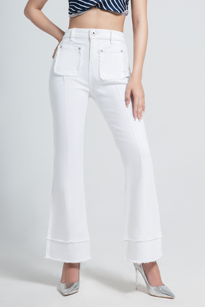 Quần Jeans Dáng Loe, Trắng Tua Rua. White Fringe Flared Jeans - 121WN1084F1100