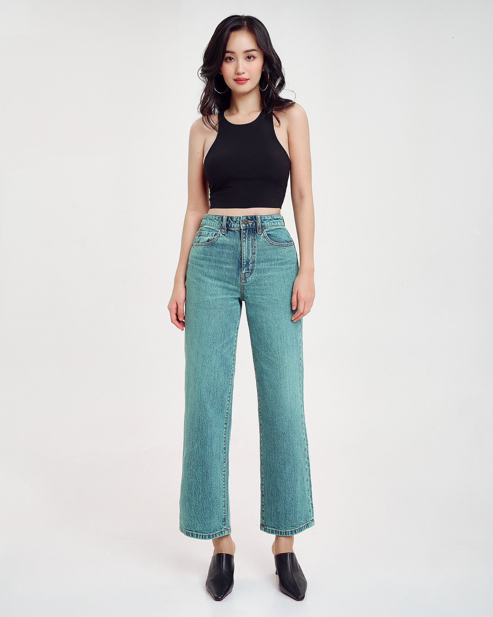 Quần Jeans Nữ Dáng Suông Xanh Lá. Green Blue Tint Wash Straight Jeans - 122WD1083F3350