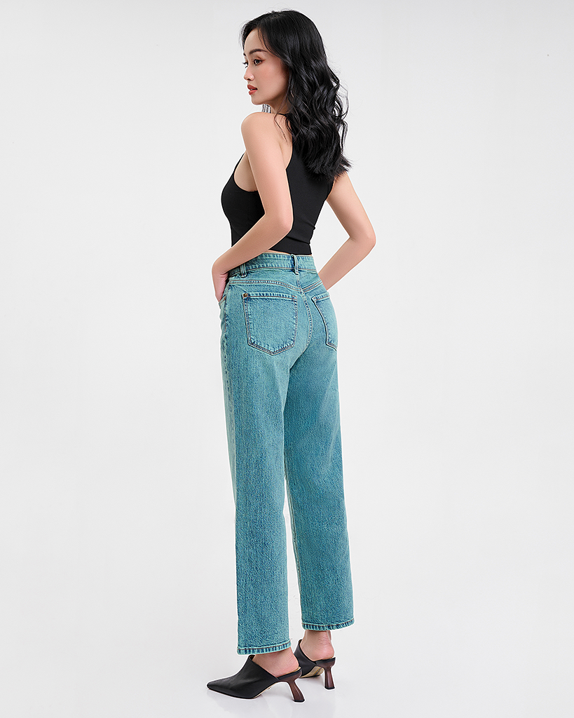 Quần Jeans Nữ Dáng Suông Xanh Lá. Green Blue Tint Wash Straight Jeans - 122WD1083F3350