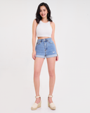 Quần Short Nữ Dáng Suông Xắn Gấu. High Waist Rolled Hem Denim Short - 122WD1102F1950