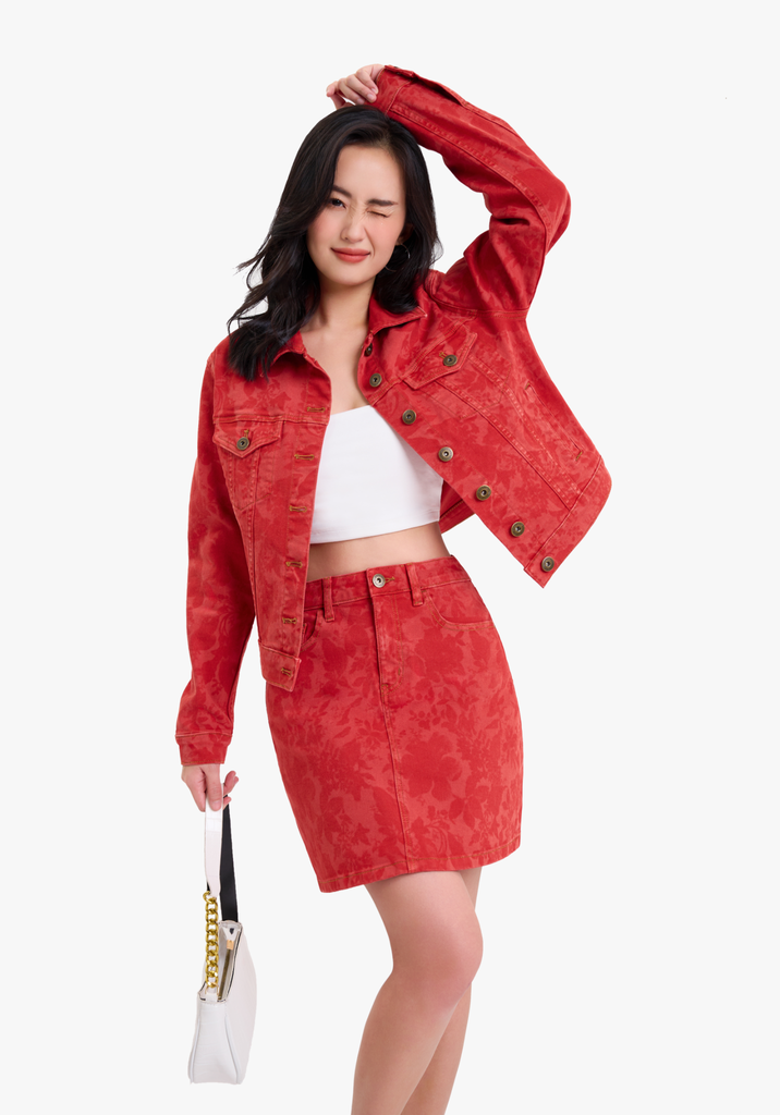 Áo Khoác Nữ Denim Dáng Rộng Scarlet Floral. Scarlet Floral Laser Oversized Denim Jacket - 122WN1044A4