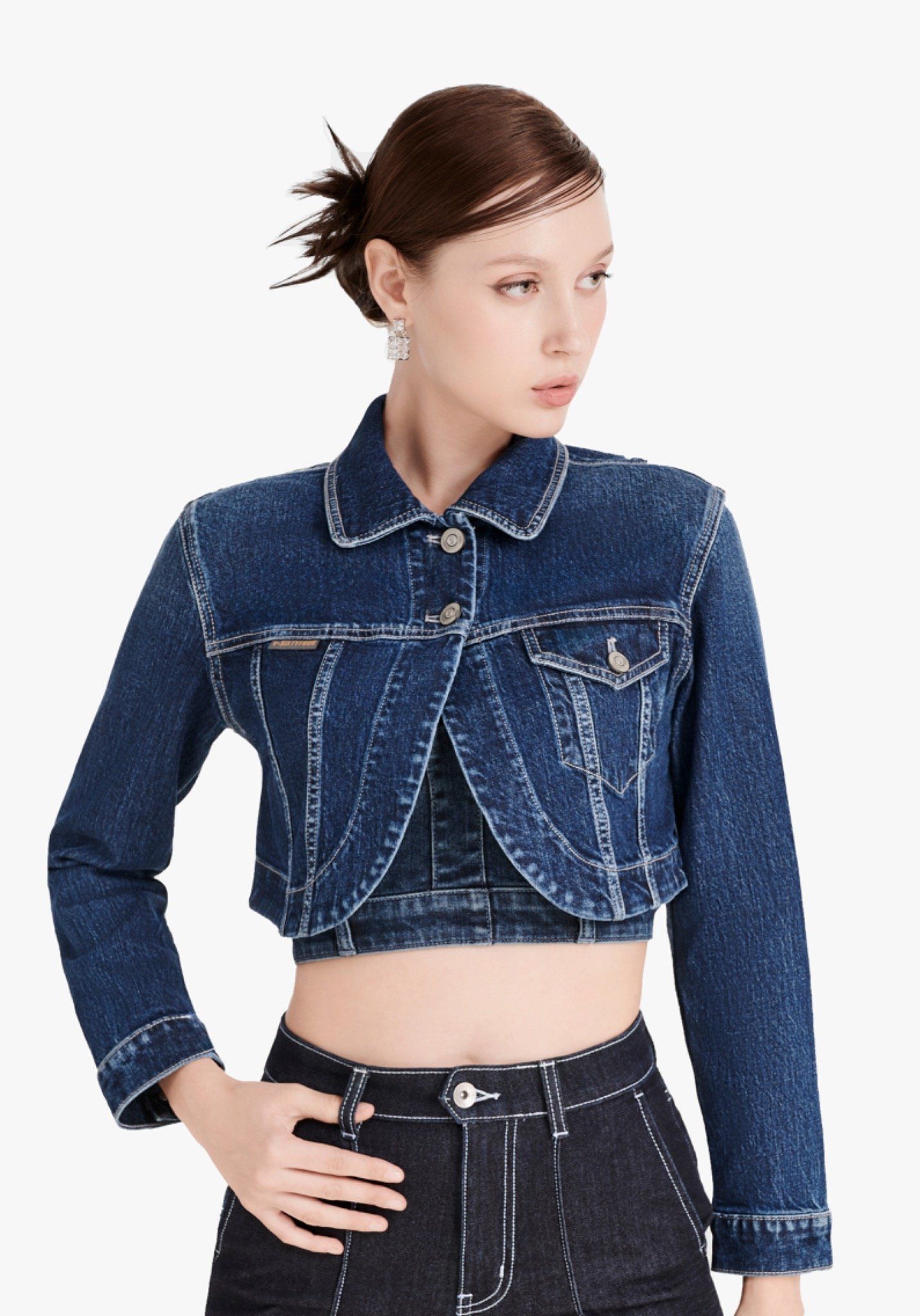 Áo Khoác Denim Nữ Croptop Dài Tay Màu Xanh Đậm. Women's Long Sleeve Crochet Denim Jacket Dark Blue - 223WD2042F2