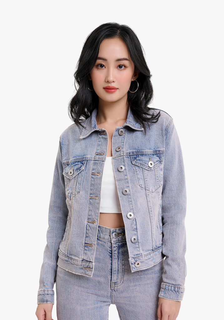 Áo Khoác Denim Nữ Dáng Rộng Phủ Hồng. Purple Pink Tint Wash Denim Jacket - 221WD1044F1