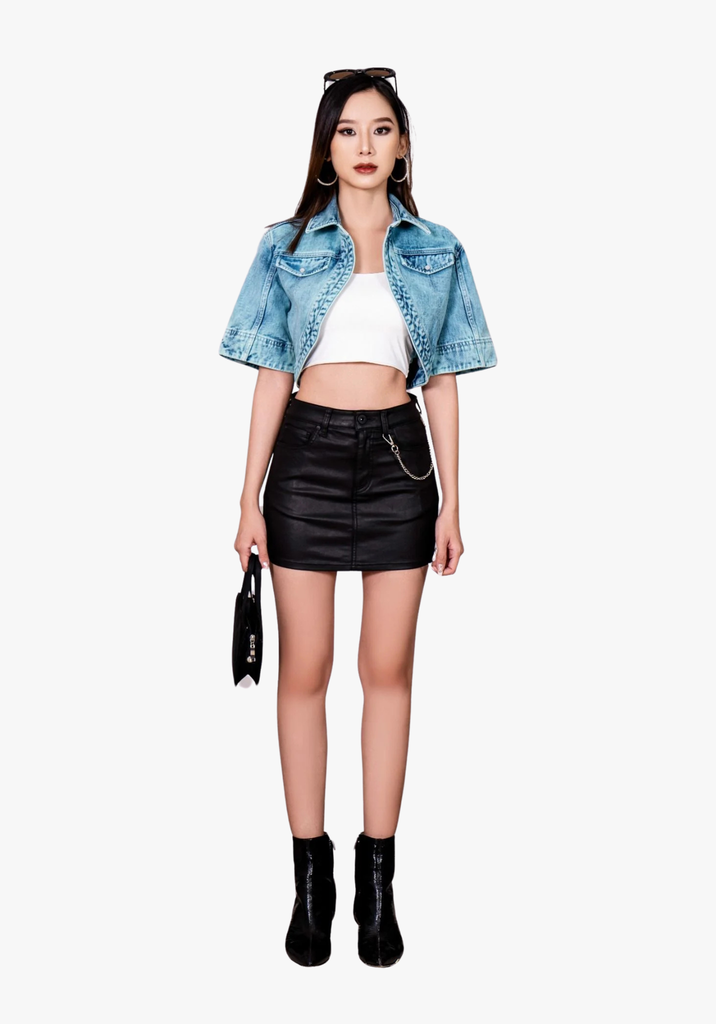 Áo Denim Nữ Crop Bolero Jacket Nhuộm Màu Xanh Mint. Women's Denim Crop Bolero Jacket Dyed Mint Blue - 223WD1017F4