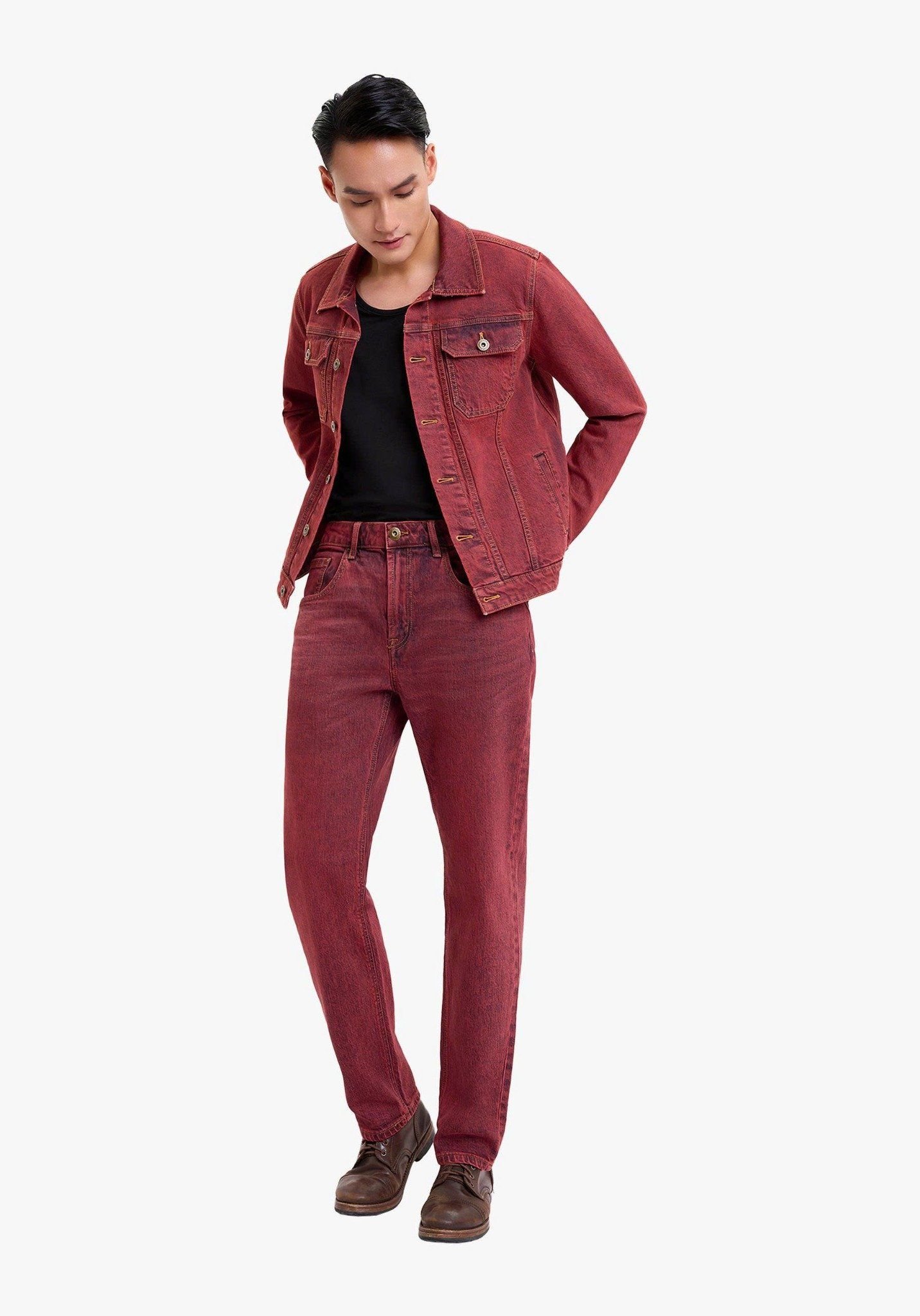 Quần Dài Nam Dáng Suông Màu Đỏ Rượu Vang. Burgundy Wash Straight Jeans - 122MD3083F5