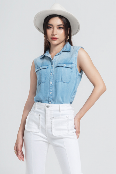 Áo Sơ Mi Tencel Không Tay. Baby Blue Tencel Sleeveless Shirt - 121WD2036B1930