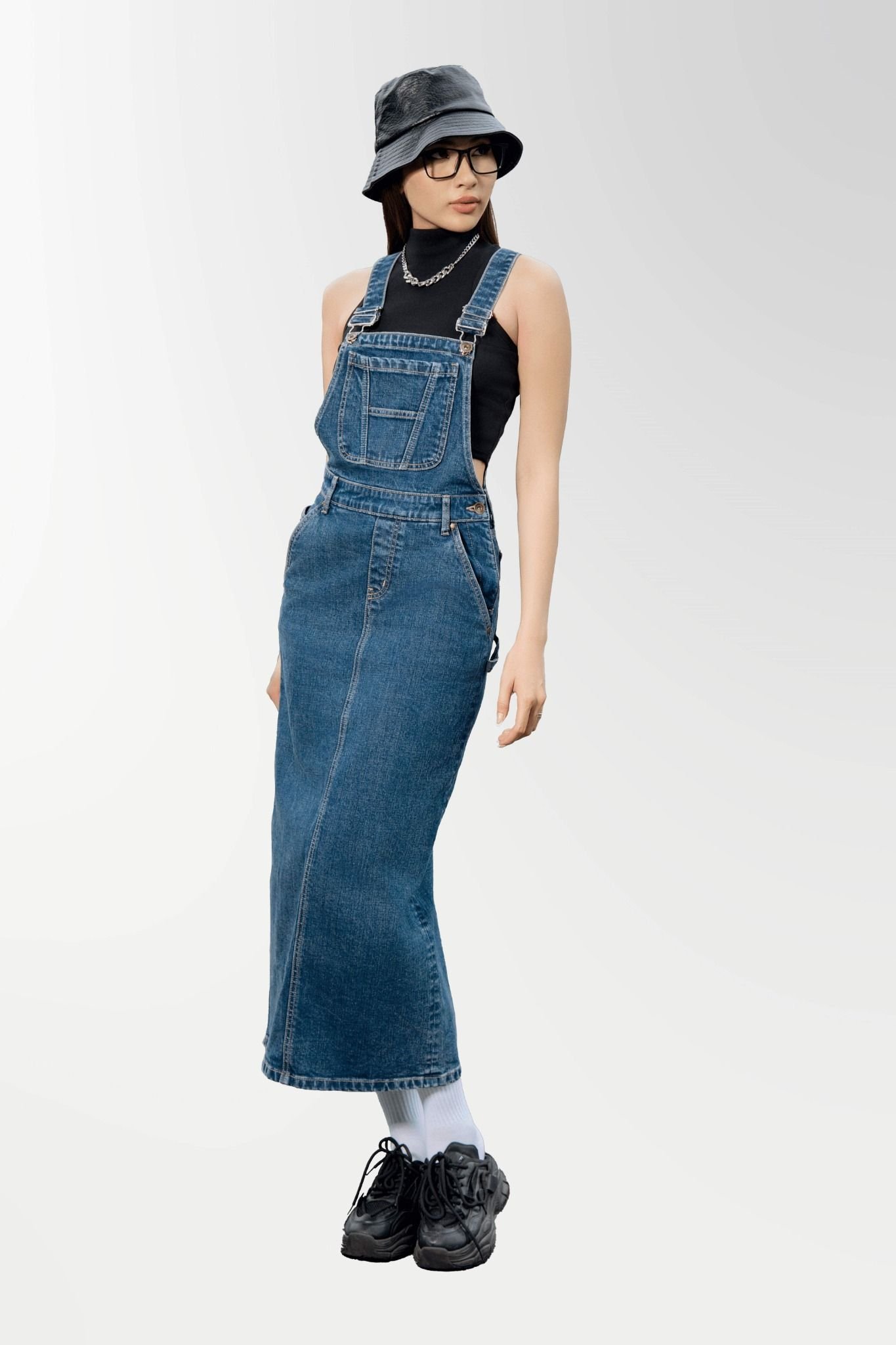 Váy Yếm Suông Dài Xẻ Thân Sau Màu Xanh Đậm - Long Denim Pinafore Dress Dark Blue - 124WD1132B1970