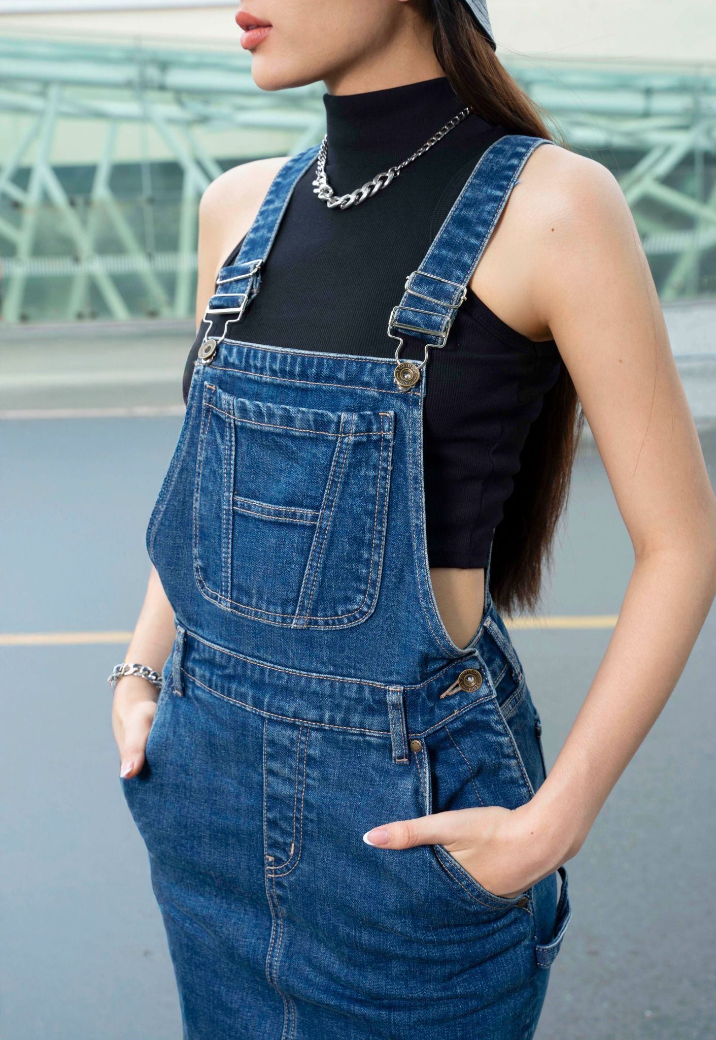 Váy Yếm Suông Dài Xẻ Thân Sau Màu Xanh Đậm - Long Denim Pinafore Dress Dark Blue - 124WD1132B1970