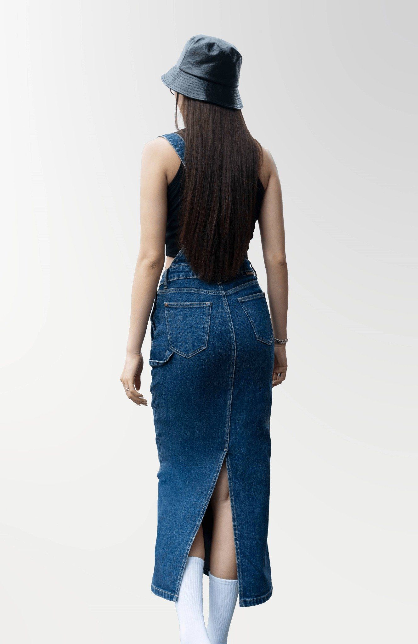 Váy Yếm Suông Dài Xẻ Thân Sau Màu Xanh Đậm - Long Denim Pinafore Dress Dark Blue - 124WD1132B1970