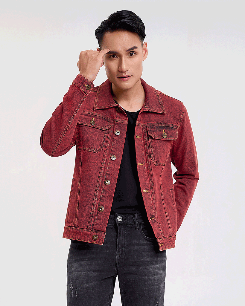 Áo Khoác Denim Nam Dáng Rộng Màu Đỏ Rượu Vang. Burgundy Type III Denim Jacket - 122MD3044F2