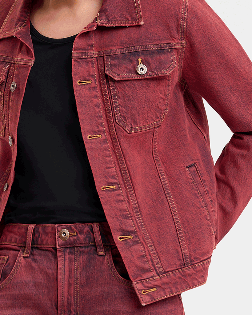Áo Khoác Denim Nam Dáng Rộng Màu Đỏ Rượu Vang. Burgundy Type III Denim Jacket - 122MD3044F2
