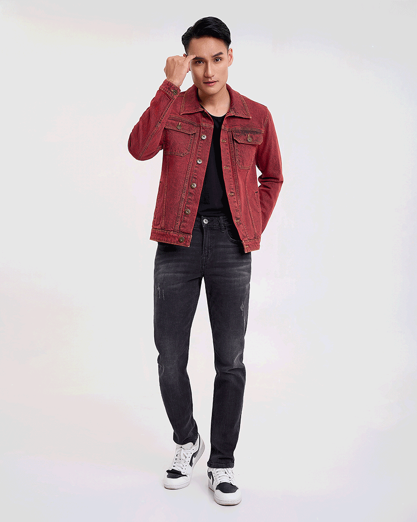 Áo Khoác Denim Nam Dáng Rộng Màu Đỏ Rượu Vang. Burgundy Type III Denim Jacket - 122MD3044F2