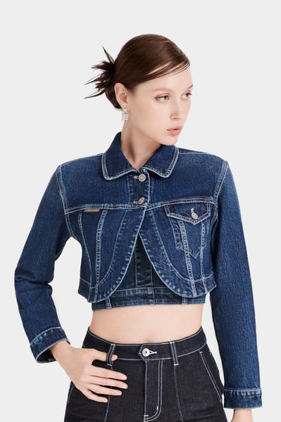 Áo Khoác Denim Nữ Croptop Dài Tay Màu Xanh Đậm. Women's Long Sleeve Crochet Denim Jacket Dark Blue - 223WD2042F2970