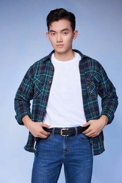 Áo Sơ Mi Nam Caro Xanh Dương Dáng Regular - Men's Regular Fit Blue Caro Shirt. 123MN4039B1470