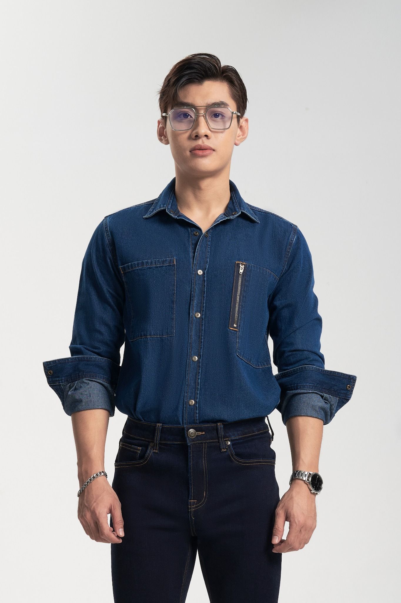 Áo Sơ Mi Denim Nam Dáng Suông Dây Kéo - Men's Denim Button-Up Shirt Zipper - 122MD3034F1