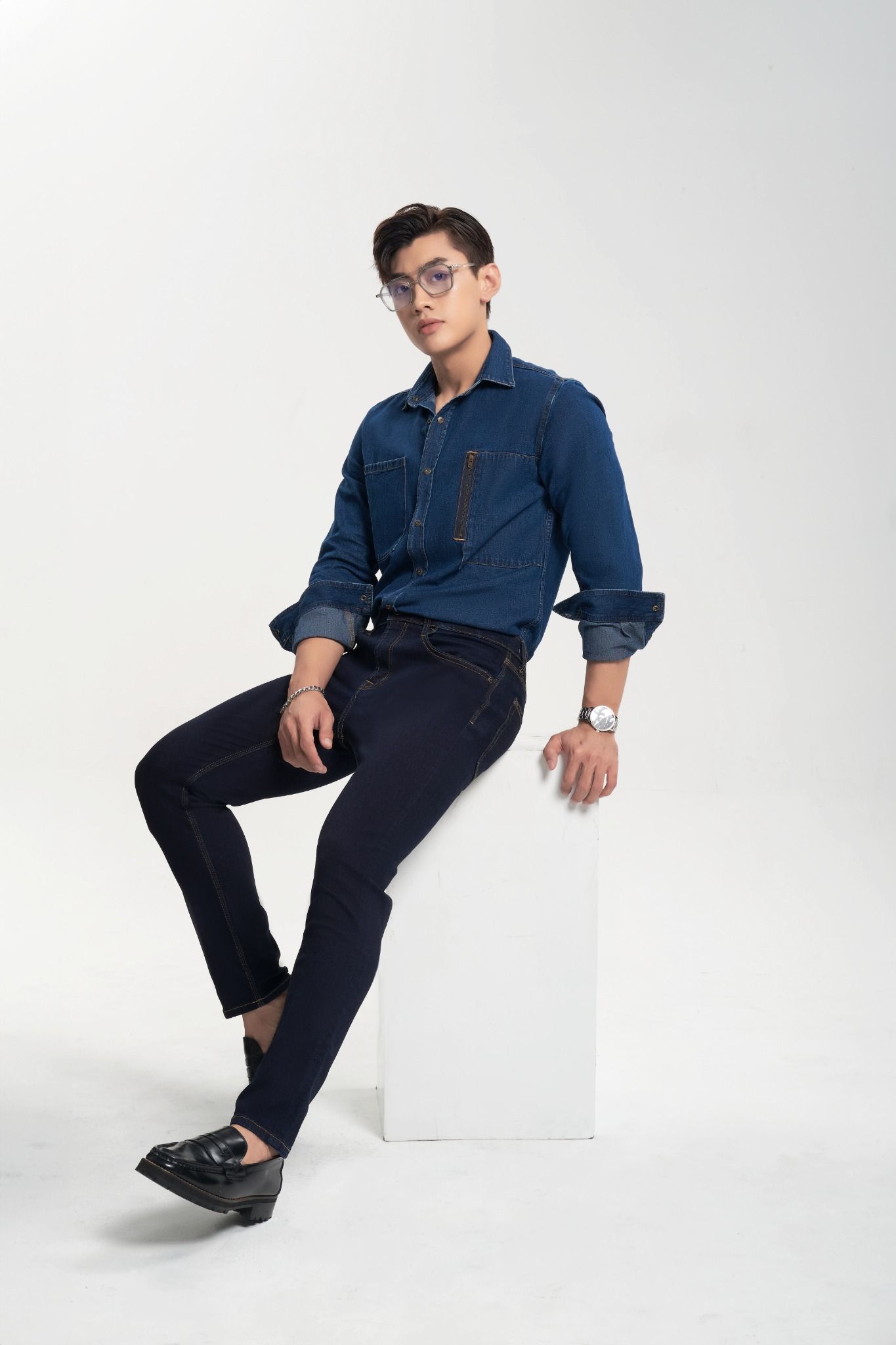 Áo Sơ Mi Denim Nam Dáng Suông Dây Kéo - Men's Denim Button-Up Shirt Zipper - 122MD3034F1