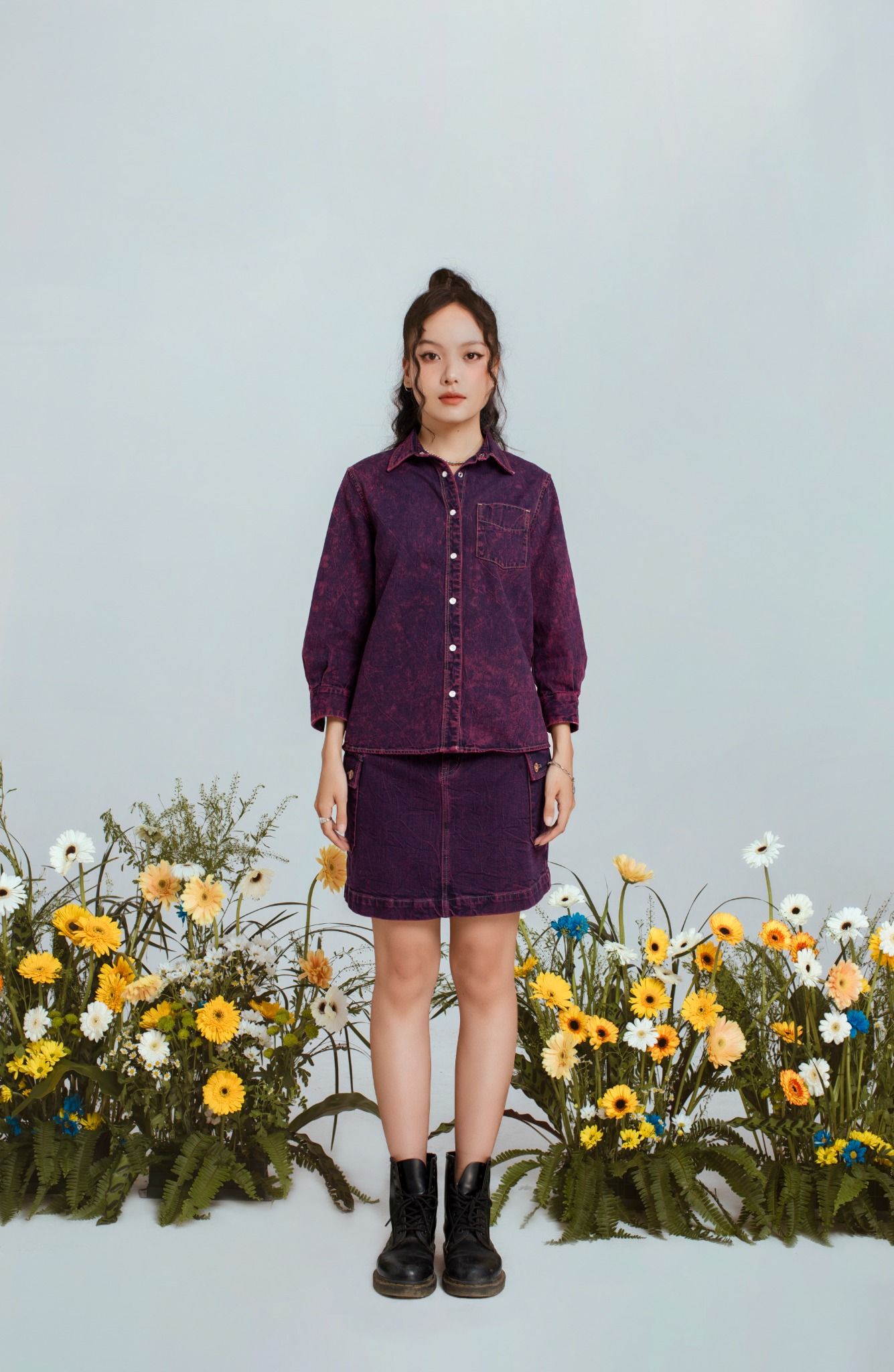Áo Sơ Mi Nữ Dáng Vừa Nhuộm Phun Màu Tím - Women's Regular Fit Purple Shirt With Dyed Scarf Tie - 123WD1039F1