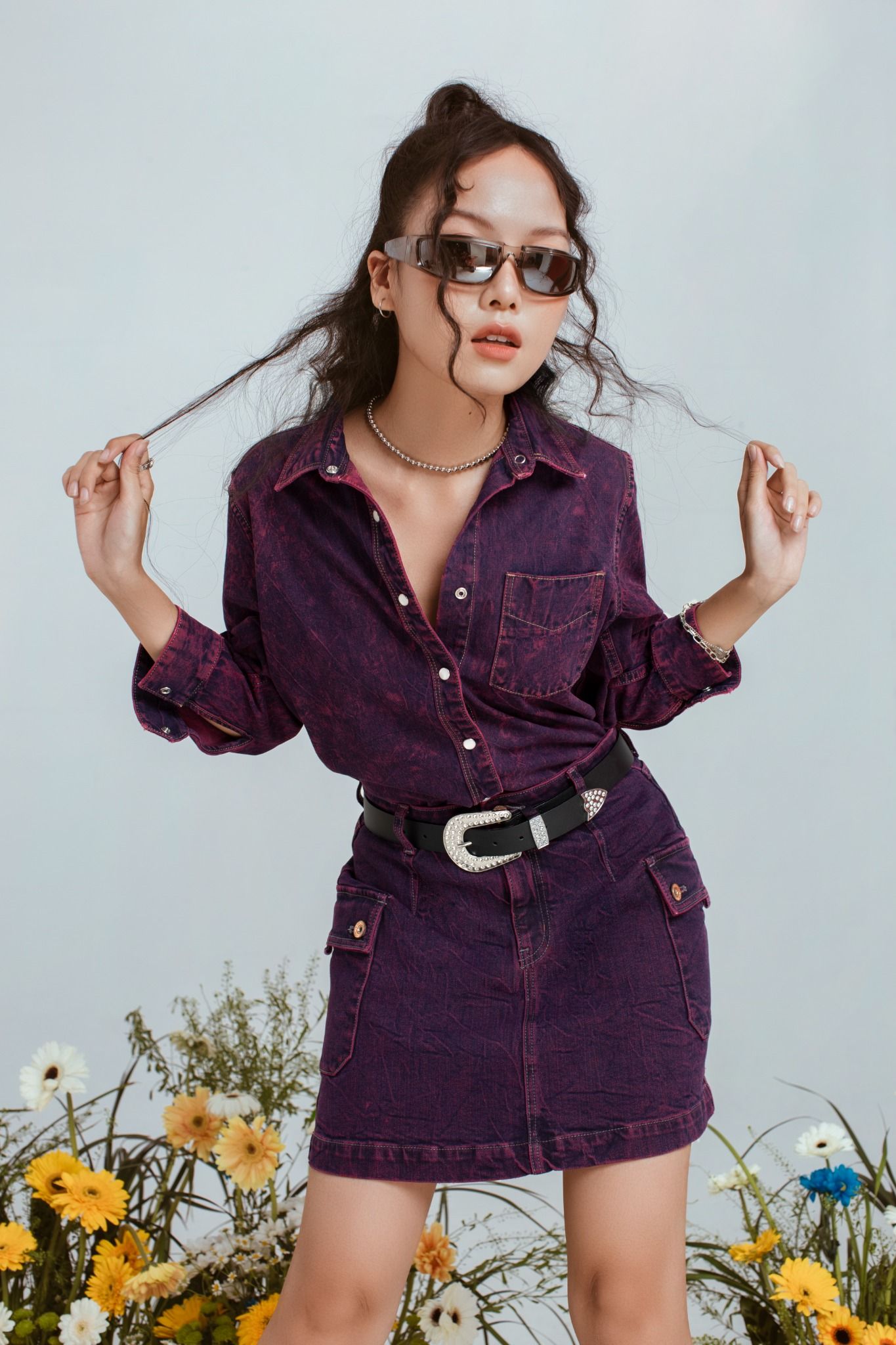 Áo Sơ Mi Nữ Dáng Vừa Nhuộm Phun Màu Tím - Women's Regular Fit Purple Shirt With Dyed Scarf Tie - 123WD1039F1