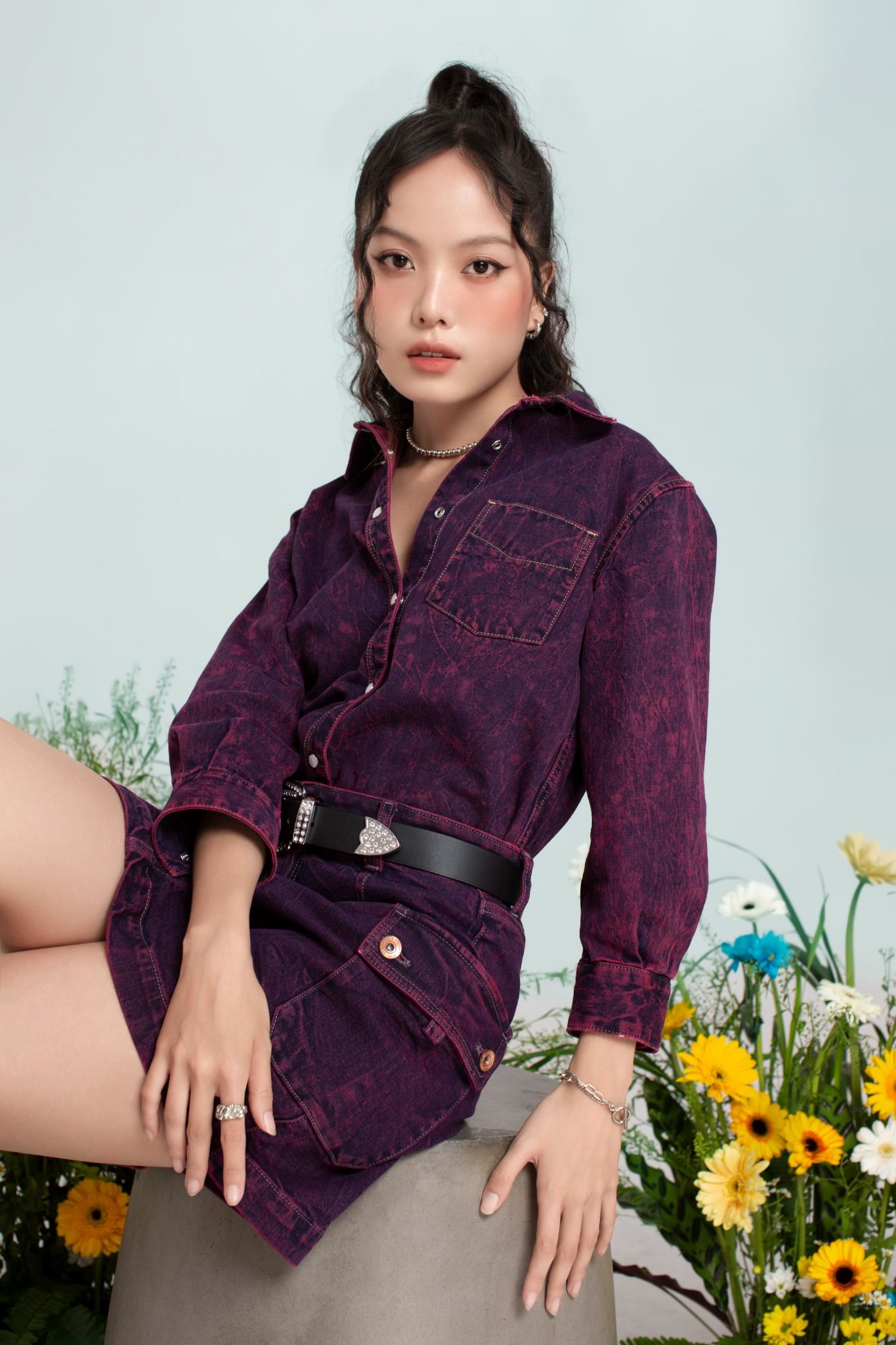 Áo Sơ Mi Nữ Dáng Vừa Nhuộm Phun Màu Tím - Women's Regular Fit Purple Shirt With Dyed Scarf Tie - 123WD1039F1