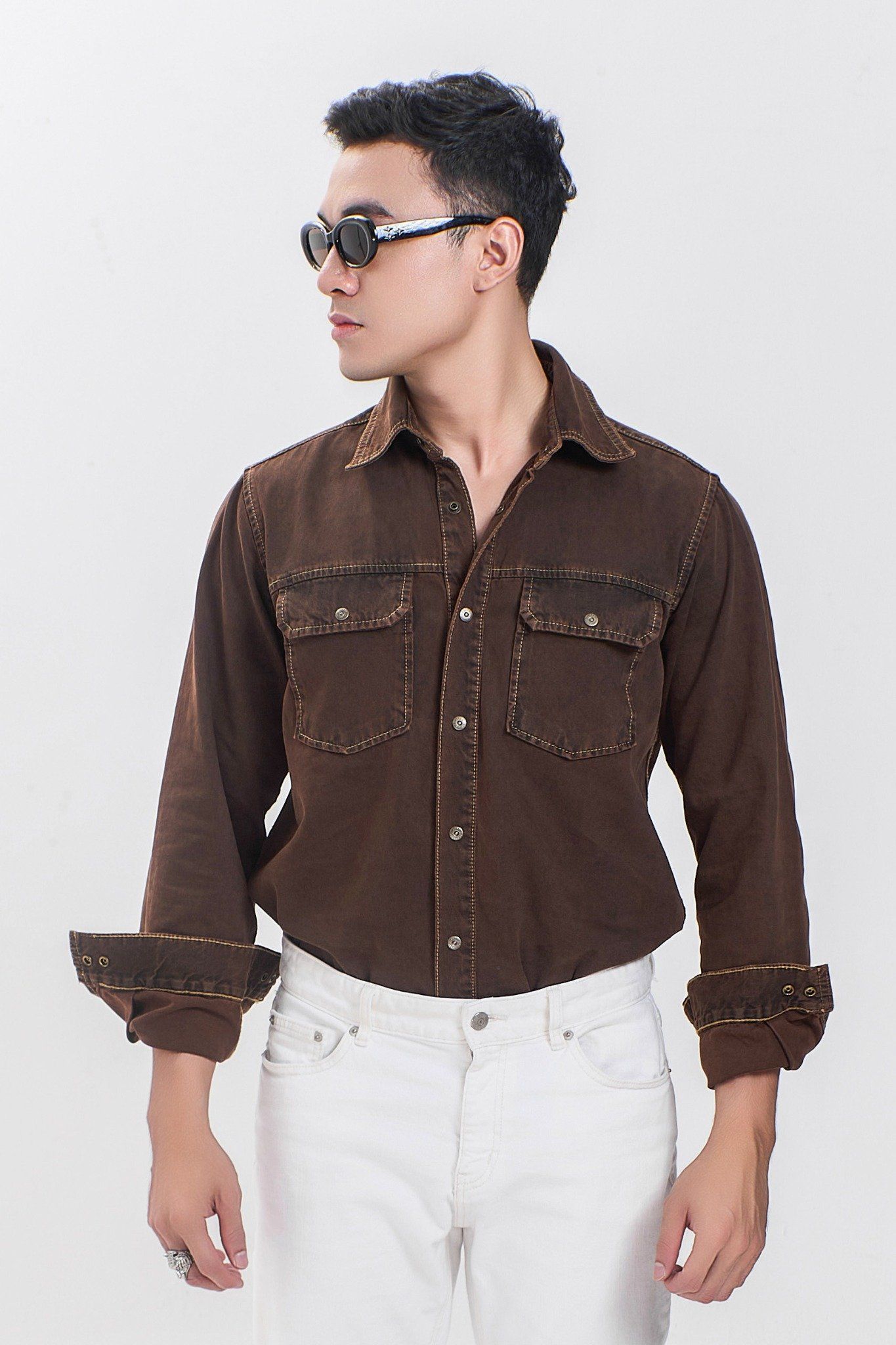 Áo Sơ Mi Tay Dài Nhuộm Nâu Dáng Vừa. Medium Fit Brown Dyed Long Sleeve Shirt - 124MD3039F3